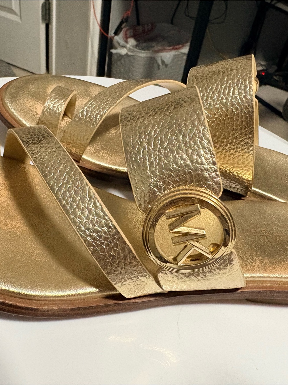 Michael Kors Metallic Gold Leather Slide Sandals with MK Medallion